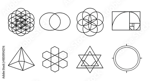 Geometric symbols with sacred patterns and shapes on gray background