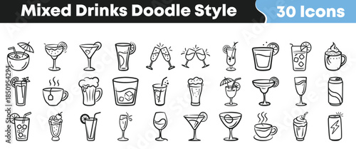 Hand drawn collection of 30 mixed drinks icons featuring cocktails mocktails beer tea and coffee beverages on transparent background