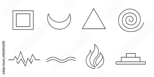Set of eight minimalist line art symbols on metallic background