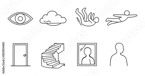 Dream symbols collection: eye, clouds, falling, flying, door, stairs, reflection, silhouette