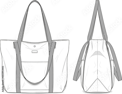 Minimalist tote bag line art illustration showing front and side views, fashion accessory technical sketch, reusable canvas handbag design isolated on white background studio
