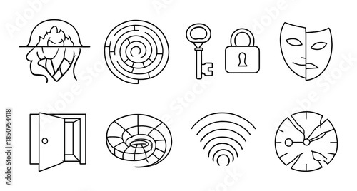 Abstract symbols: labyrinth, key, mask, lock, door, spiral, wifi, clock icons