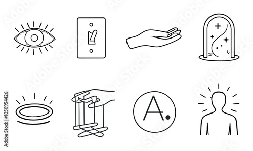 Minimalist icon set: eye, switch, hand, doorway, halo, puppet, letter a, silhouette
