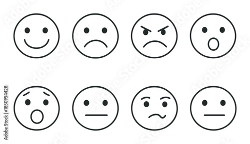 Set of eight simple black and white emoticons displaying various facial expressions