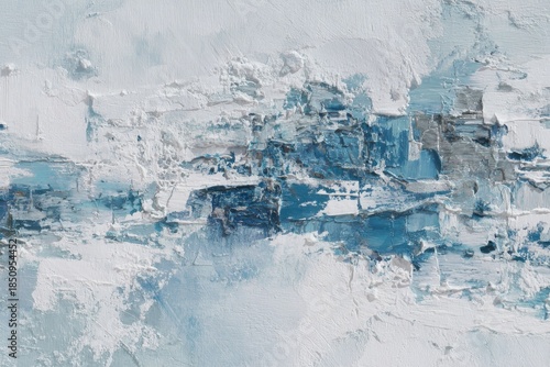 An abstract impasto painting showing a textured landscape of white and light blue
