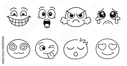 Variety of expressive black and white cartoon emojis on gradient background