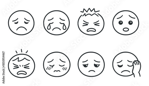Cartoon faces expressing various sad emotions with simple line art