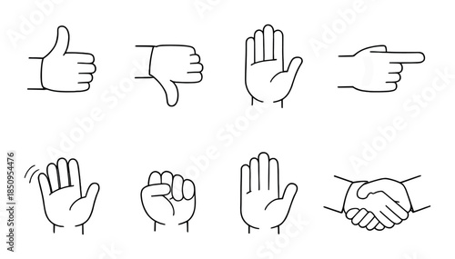 Set of hand gesture icons including thumbs up, down, wave, and pointing symbols