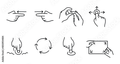 Hand gesture icons for navigation and interaction on dark background