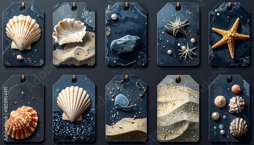 Seashells and Starfish on Dark Tags.