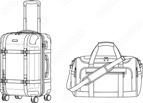 Travel luggage set, rolling suitcase and duffel bag, modern travel gear, airport journey, business trip, vacation tourism, line art illustration, isolated white background vector