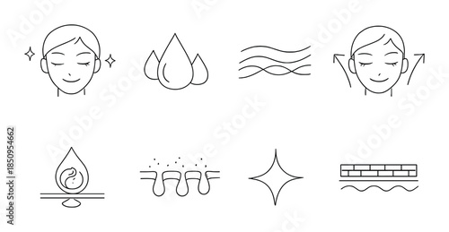 Skincare icons illustrating cleansing hydration and exfoliation techniques