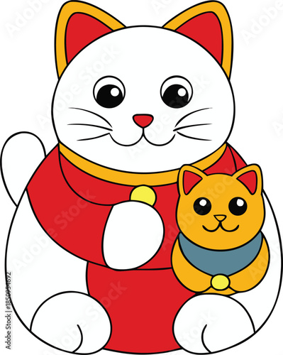 Maneki-neko lucky cat holding kitten with golden bell illustration