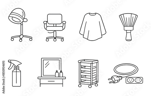 Barbershop tools icon set: chair cape shaver spray mirror trolley