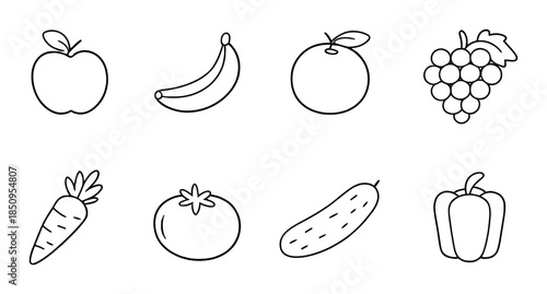 Monochrome line art: apple, banana, orange, grapes, carrot, tomato, cucumber, bell pepper