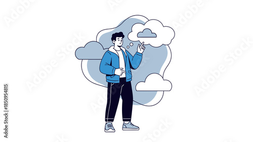 illustration of a young man pondering and interacting with clouds representing thoughts or ideas