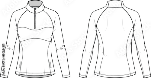Women's, athletic, half-zip, long-sleeve, jacket, technical, fashion, flat, sketch, front, back, view, apparel, design, template, sportswear, outerwear, vector, line, art, pattern,