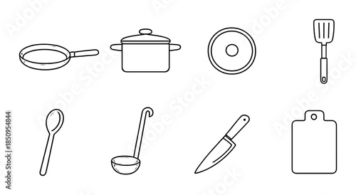 Basic kitchen utensils icons set: pan, pot, spatula, spoon, ladle, knife, cutting board