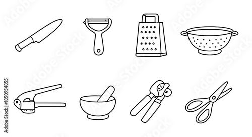 Kitchen utensils icon set: knife, peeler, grater, colander, garlic press, mortar, pliers, scissors