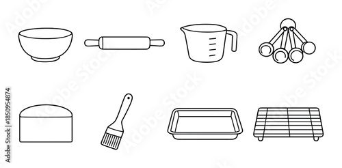 Kitchen essentials: baking tools icons including bowl and measuring cups