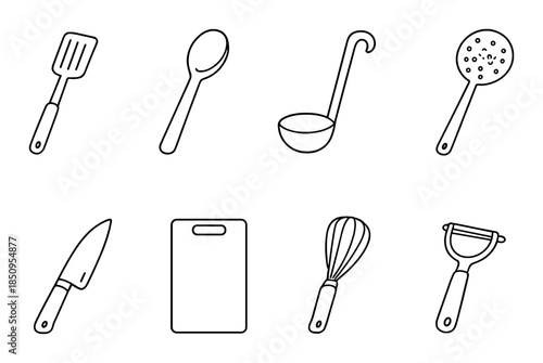 Minimalist kitchen utensils set: spatula, spoon, ladle, skimmer, knife, cutting board, whisk, peeler