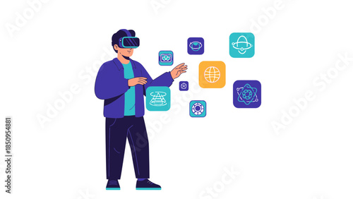 Futuristic Virtual Reality User Interacting with Digital Science and Technology Icons