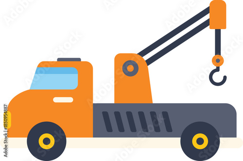 Side view of an orange tow truck lifting with its hook, isolated on a white background