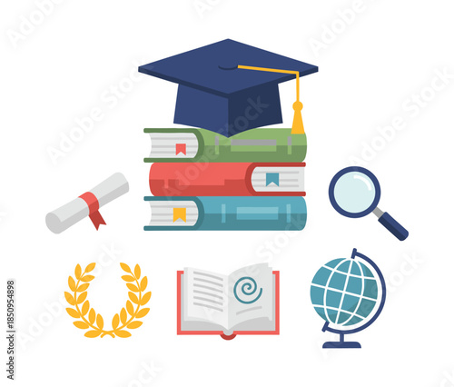 Graduation cap on books with education symbols