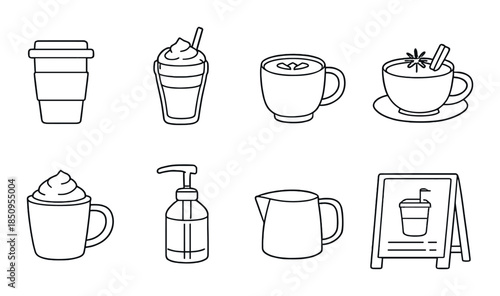 Minimalist coffee icons set: cups, lattes, cream, syrup, sign