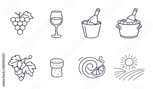 Wine icon set: grapes, glass, bottles, cork, vineyard, beach, sun