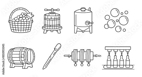 Winemaking process icons: barrel, grapes, press, fermentation, bottling