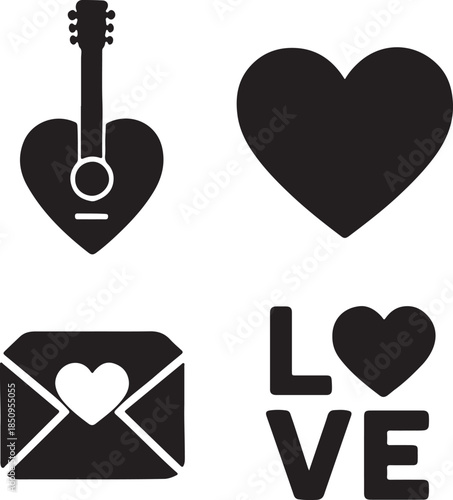 heart guitar Valentine's Day icon set silhouette vector illustration style