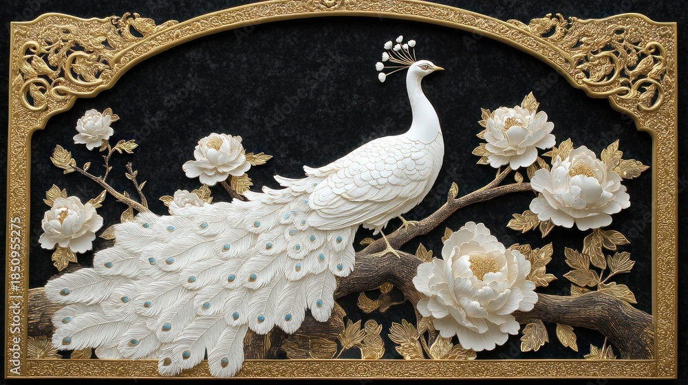 Fototapeta premium Ornamental peacock bas-relief on black stone, floral design, decorative art, wall hanging