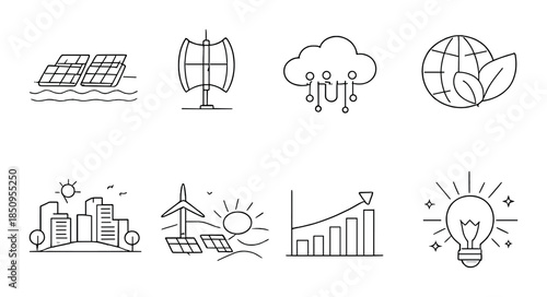 Renewable energy icons: solar wind cloud eco city growth lightbulb graphics
