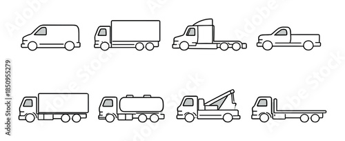 Simple outline icons of diverse trucks on gradient background