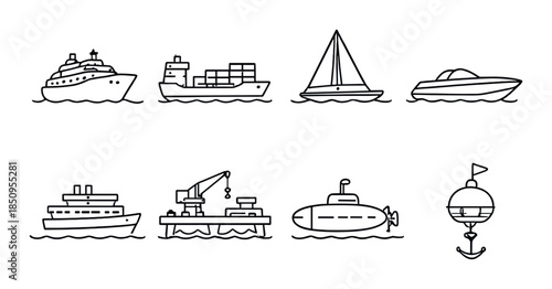 Outline icons of ships and nautical elements on grayscale background