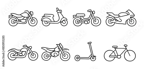 Outline illustrations of various motorcycles, mopeds, and bicycles on grey background