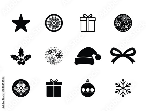 Minimal black Christmas icons set featuring snowflakes, star, gift boxes, holly, Santa hat, bow and baubles on white background, perfect for festive design, greeting cards, web, print and decor.