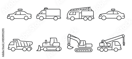 Outline icons of various vehicles: taxis, trucks, fire engine, construction equipment
