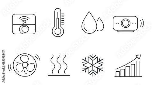 Smart home device icons: thermostat, humidity, camera, fan, heating, cooling, analytics