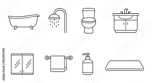 Bathroom icon set featuring bathtub, shower, toilet, sink, mirror, towel, soap, mat
