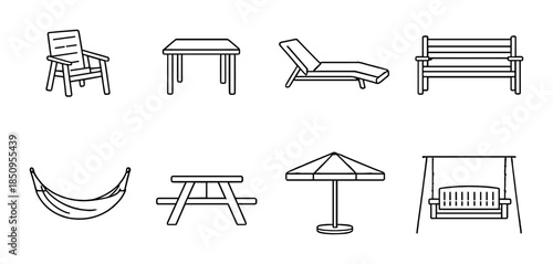 Outdoor furniture icons: chair, table, lounger, bench, hammock, picnic table, umbrella, swing