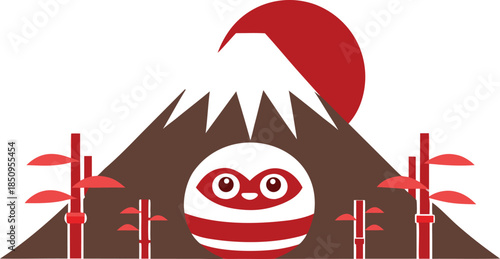 Japanese landscape with mount fuji, rising sun, and cute character