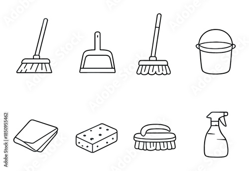 Collection of cleaning tools: broom, dustpan, mop, bucket, cloth, sponge, brush, spray bottle