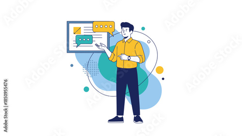 Modern illustration of a young man engaging with digital communication on a tablet device