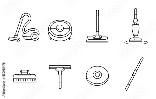 Set of white vacuum and cleaning icons on gray background