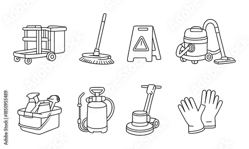 Cleaning equipment icons: mop, vacuum, gloves, warning sign, supplies
