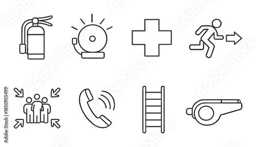 Emergency safety icons including fire extinguisher, alarm, first aid, and evacuation symbols