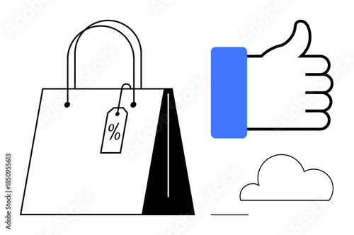 E-commerce concept. E-commerce illustrated with a shopping bag, discount tag, thumbs-up, and cloud symbol. E-commerce drives online retail, customer trust, and digital innovation. For marketing