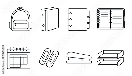 Monochrome office supplies icons: backpack, binders, planner, calendar, clips, stapler, trays
